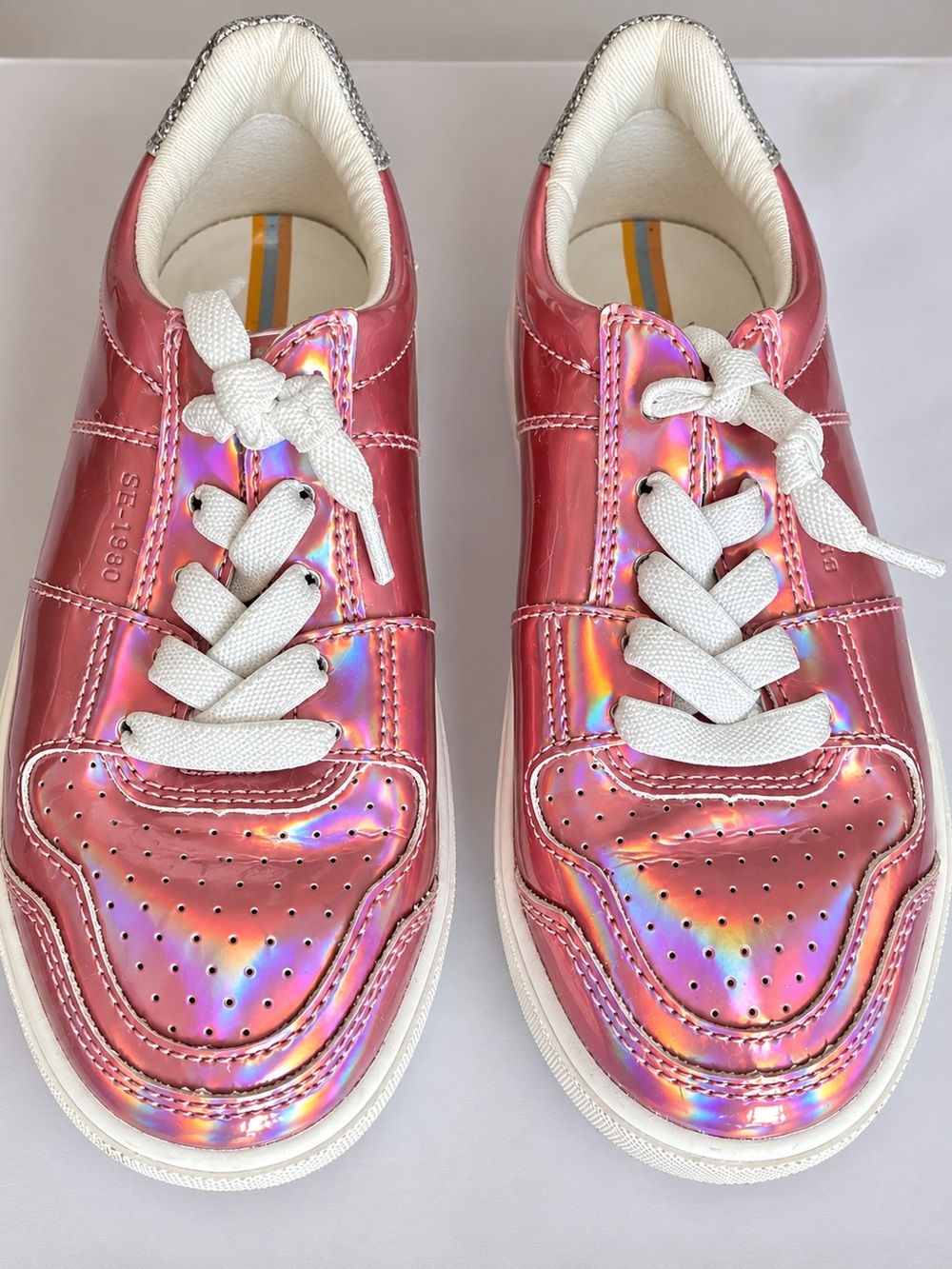 Sam Edelman Kids Iridescent Pink Holographic Sneakers with White Laces